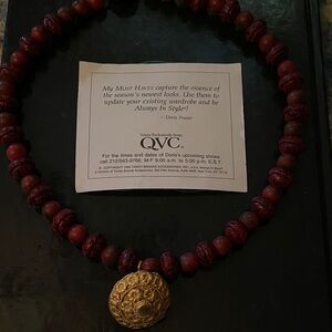 QVC Red Bead beaded beads Incense Burner Necklace Gold Floral Medallion pendant